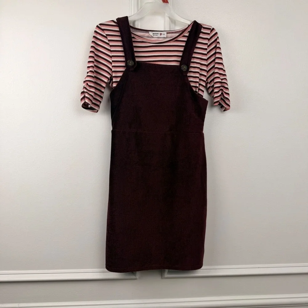 Beautees Girls Corduroy Jumper Dress and Striped Top Set Burgundy Pink 7/8